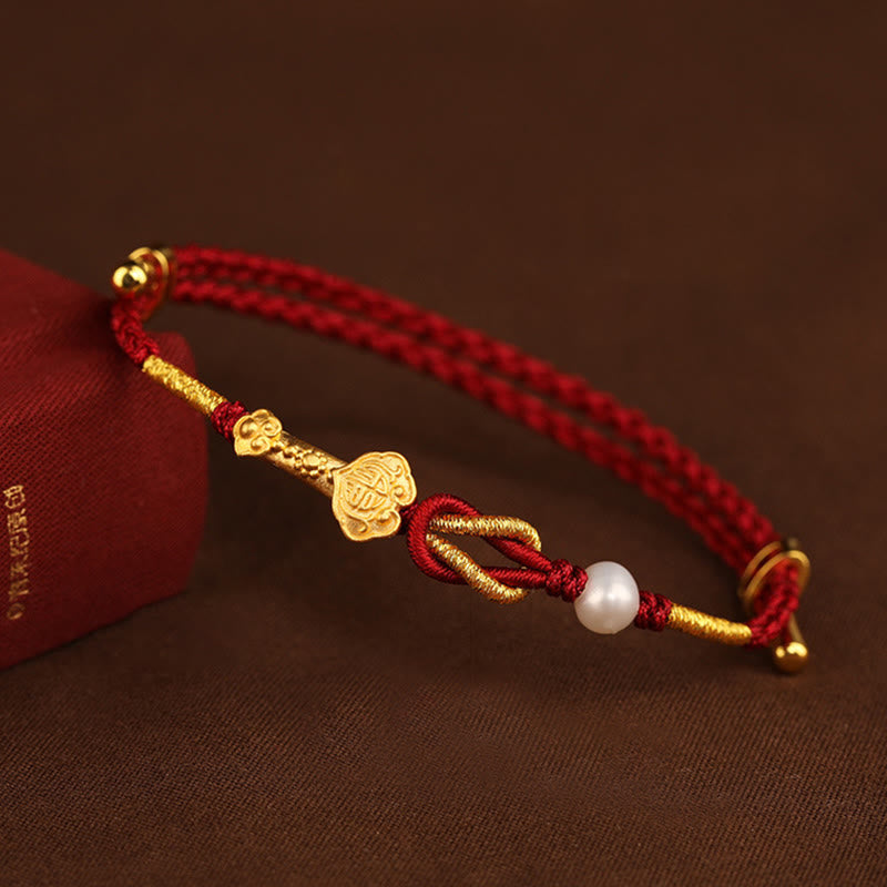 Wear FengShui 24K Gold Wish Ruyi Handle Fu Character Rabbit Pearl Luck Braided Bracelet