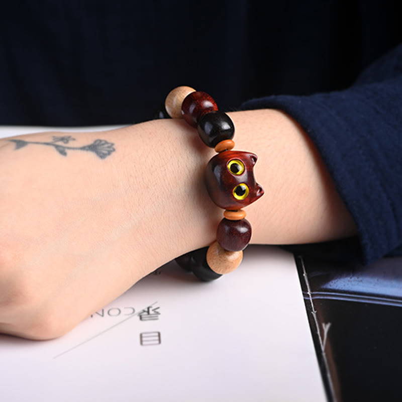 Wear FengShui Small Leaf Red Sandalwood Ebony Wood Cute Cat Engraved Protection Bracelet