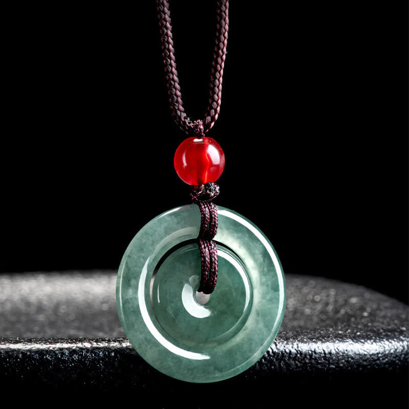 Wear FengShui Green Jade Double Peace Buckle Abundance Necklace Pendant