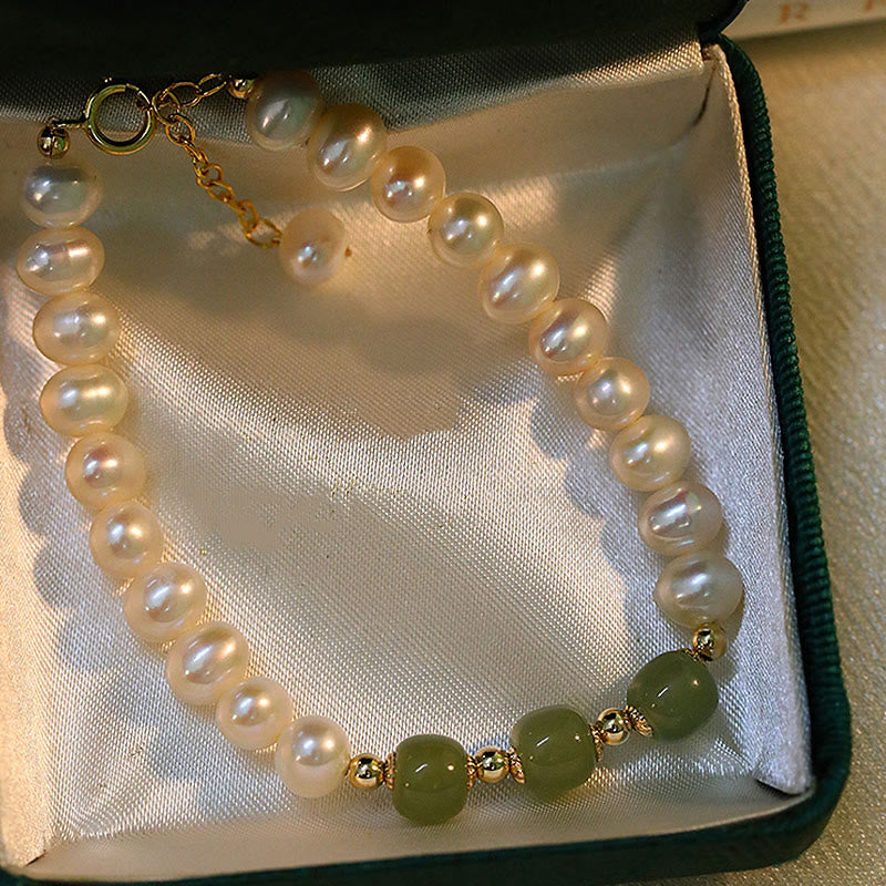 Wear FengShui 14K Gold Plated Natural Pearl Hetian Cyan Jade White Jade Sincerity Bead Chain Bracelet
