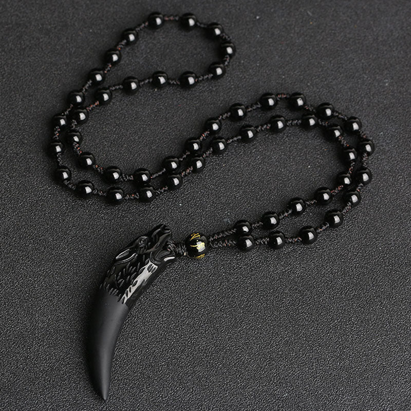 Wear FengShui Natural Ice Obsidian Wolf Tooth Pattern Courage Necklace Pendant