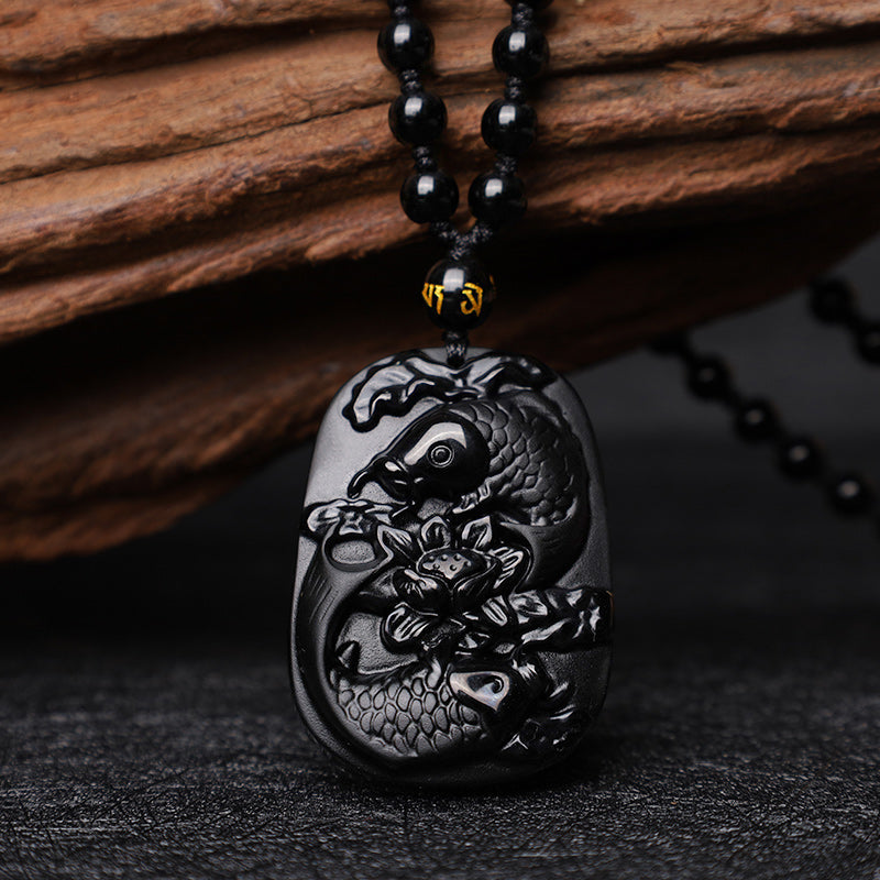 Wear FengShui Natural Black Obsidian Koi Fish Lotus Strength Beaded Necklace Pendant