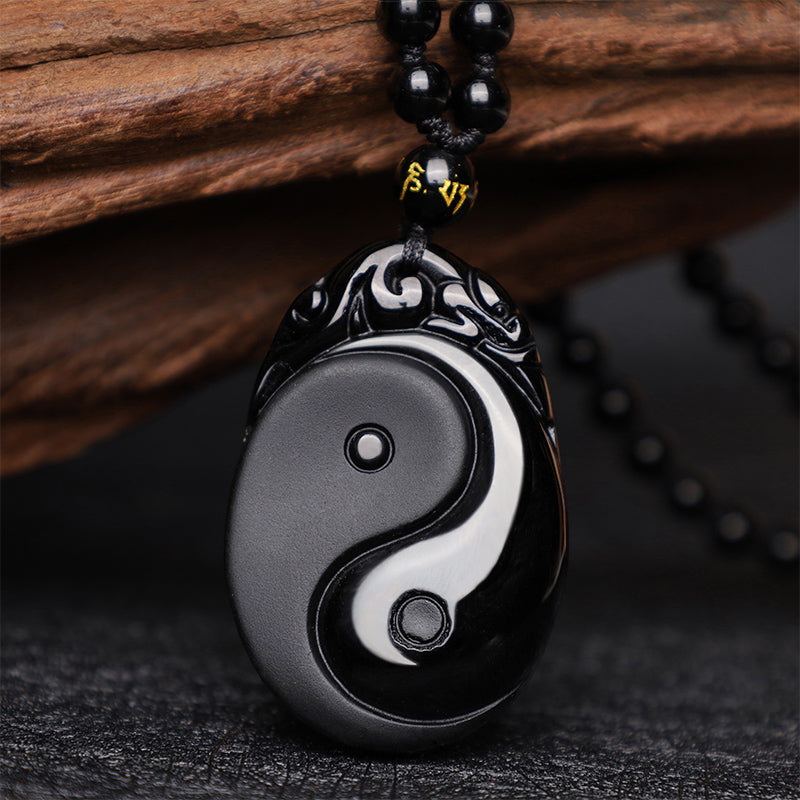 Wear FengShui Natural Black Obsidian Yin Yang Fulfilment Strength Necklace Pendant