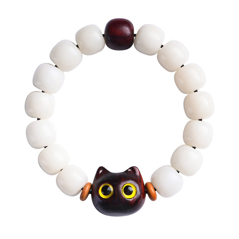 Wear FengShui Natural Bodhi Seed Small Leaf Red Sandalwood Ebony Wood Cute Lucky Cat Wisdom Bracelet