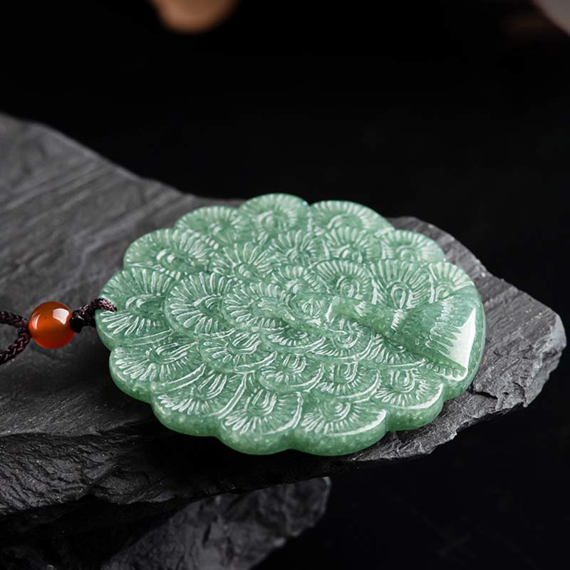 Wear FengShui Natural Jade Peacock Luck Prosperity Necklace Pendant
