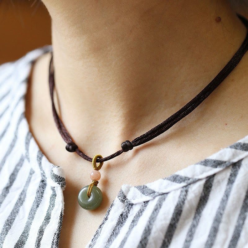 Wear FengShui Natural Round Jade Peace Buckle Lotus Abundance String Necklace Pendant