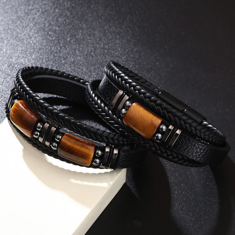 Wear FengShui Tiger Eye Power Magnetic Buckle Multilayered Leather Bracelet