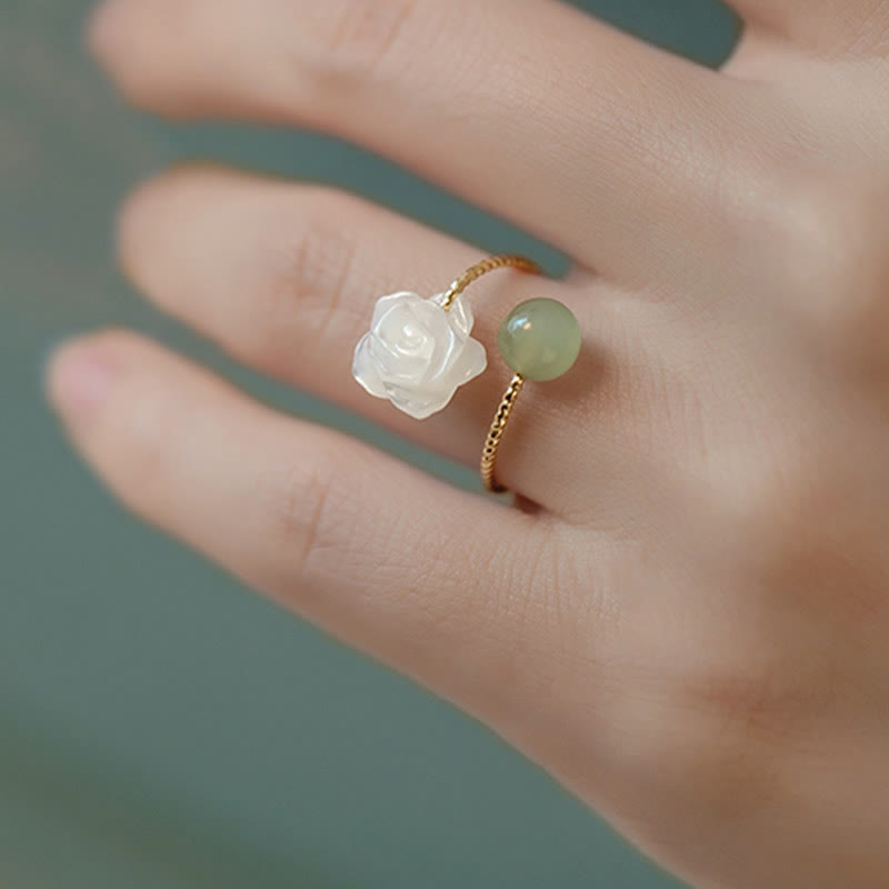 Wear FengShui 14K Gold Plated Tridacna Stone Rose Flower Jade Bead Blessing Ring