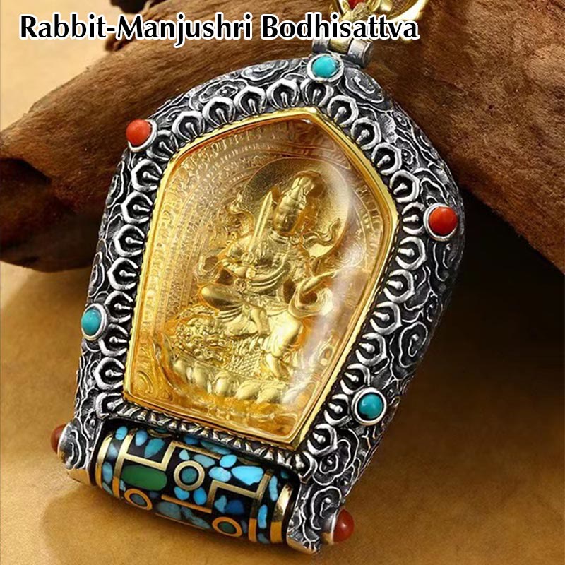 Wear FengShui Tibet Chinese Zodiac Natal Buddha Thangka Prosperity Rotatable Dzi Bead Necklace Pendant