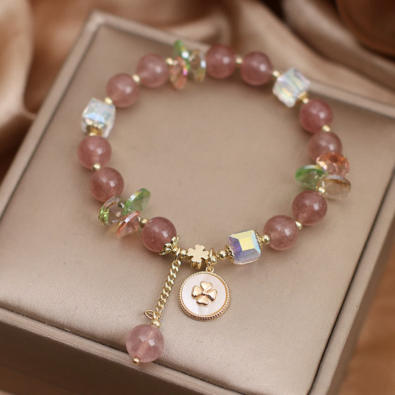Wear FengShui Strawberry Quartz Lucky Four Leaf Clover Healing Charm Bracelet