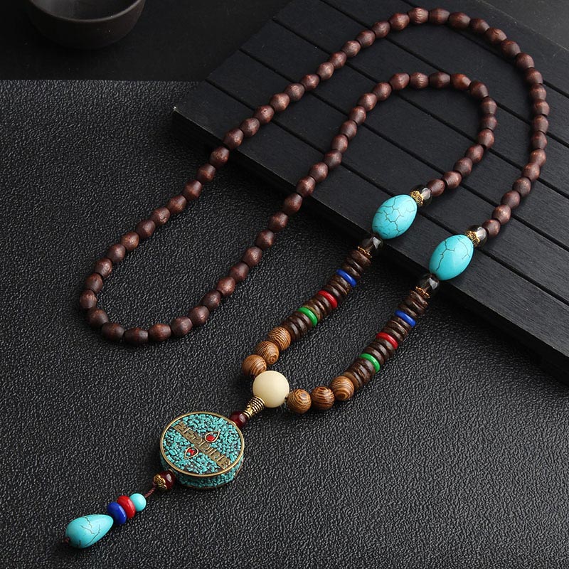 Wear FengShui Turquoise Dzi Bead Prayer Wheel Wenge Wood Meditation Necklace
