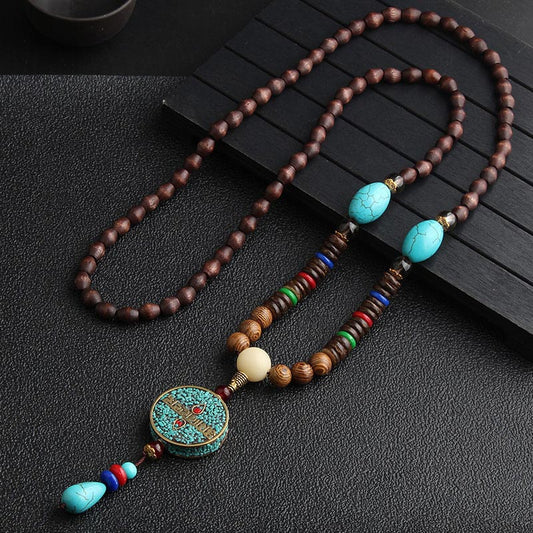 Wear FengShui Turquoise Dzi Bead Prayer Wheel Wenge Wood Meditation Necklace