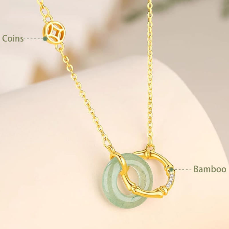 Wear FengShui 925 Sterling Silver Natural Green Aventurine Peace Buckle Bamboo Coin Prosperity Necklace Pendant