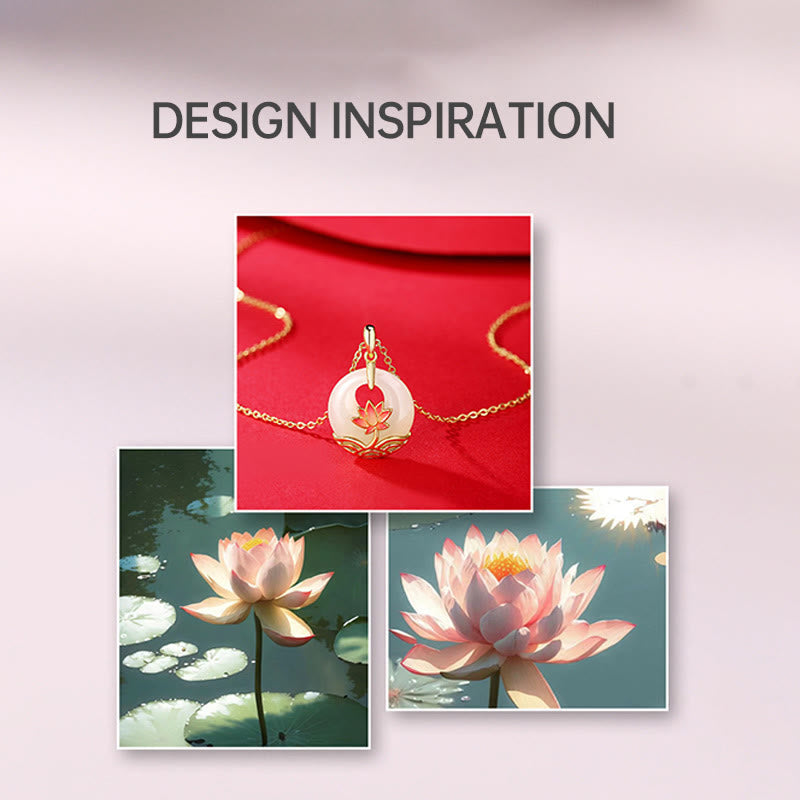Wear FengShui 925 Sterling Silver Hetian White Jade Lotus Flower Blessing Necklace Pendant