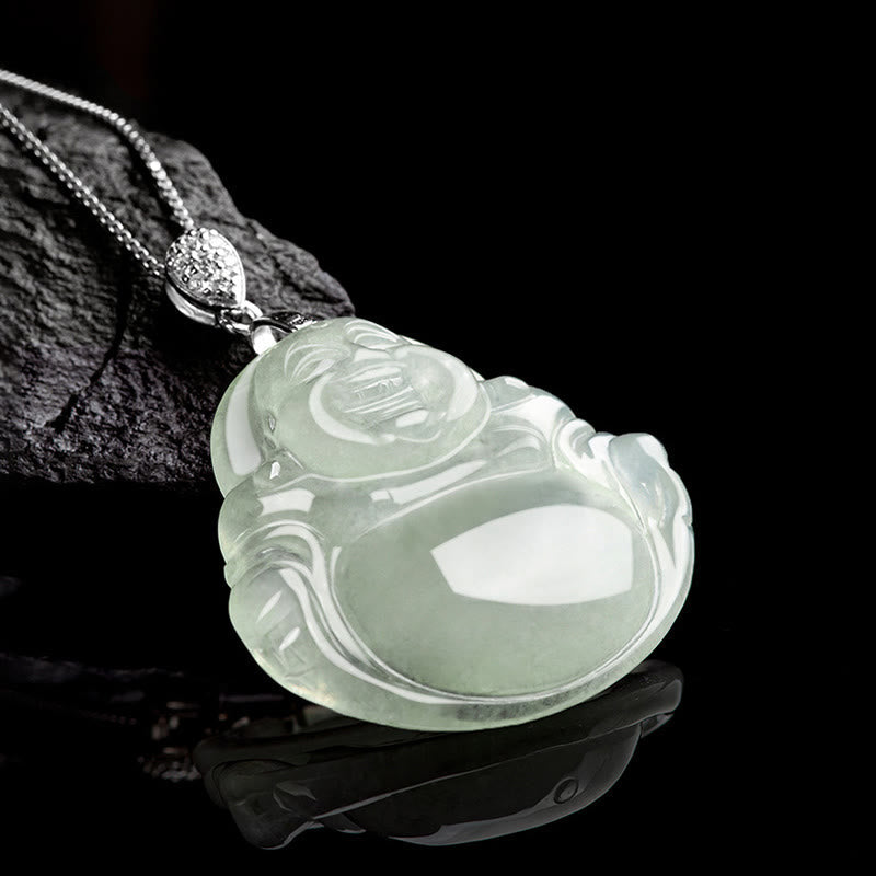 Wear FengShui Natural Jade Laughing Buddha Prosperity Abundance Titanium Steel Chain Necklace Pendant