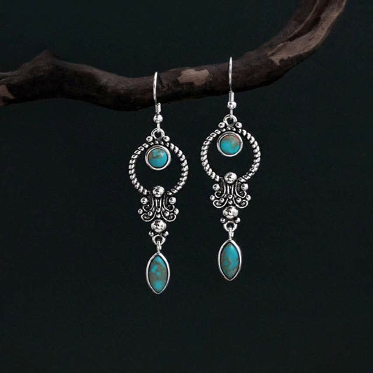 Wear FengShui 925 Sterling Silver Vintage Turquoise Waterdrop Pattern Balance Drop Dangle Earrings
