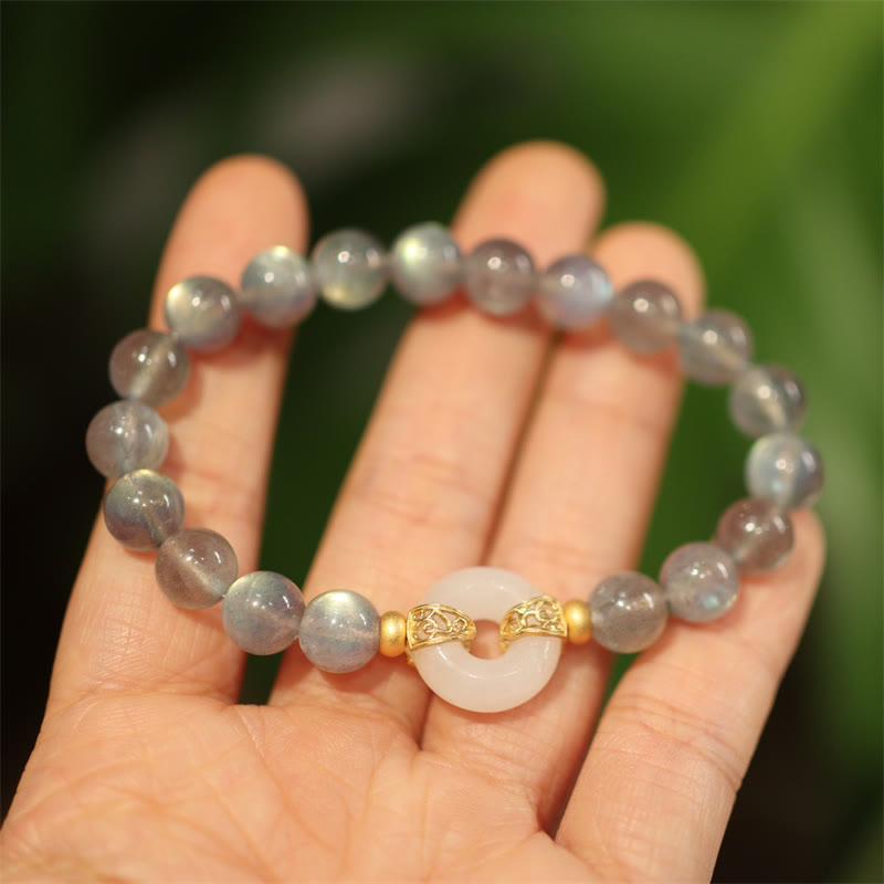 Wear FengShui Natural Moonstone Heitan Jade Peace Buckle Healing Bracelet