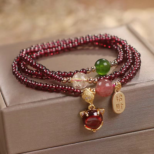 Wear FengShui Natural Garnet Strawberry Quartz Crystal Fox Koi Fish Peace Buckle Fortune Protection Triple Wrap Bracelet