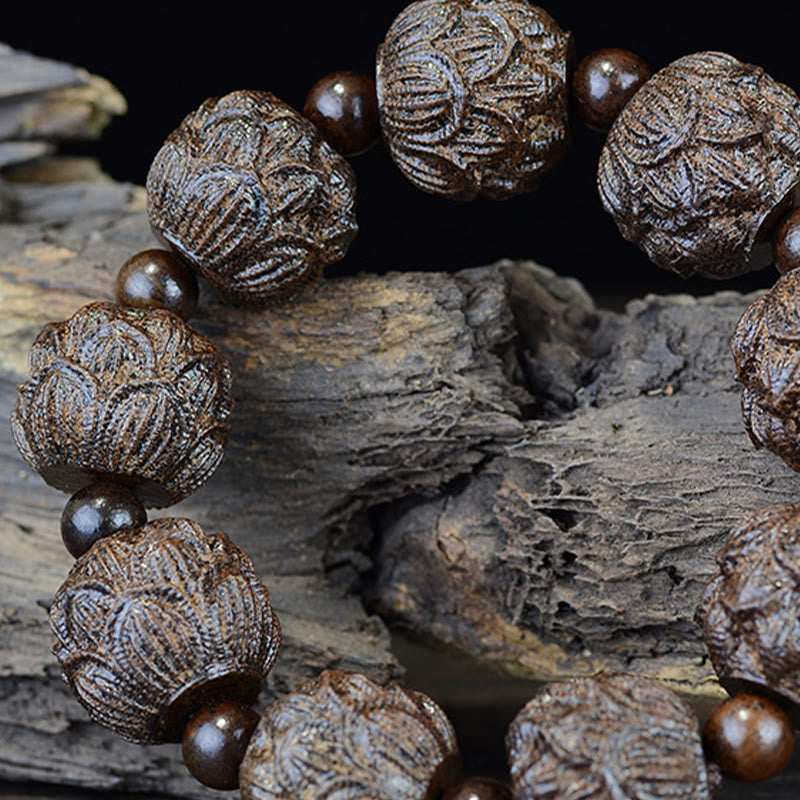 Wear FengShui Ebony Wood Eighteen Arhats Lotus Dragon Engraved Balance Bracelet