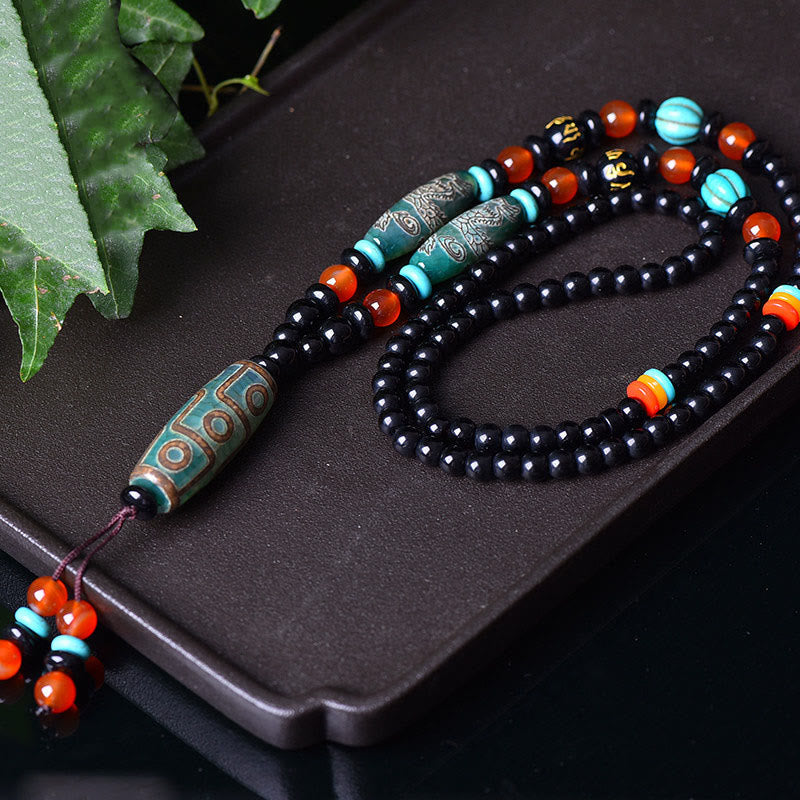 Wear FengShui Tibetan Nine-Eye Dzi Bead Dragon Pattern Om Mani Padme Hum Protection Necklace Pendant