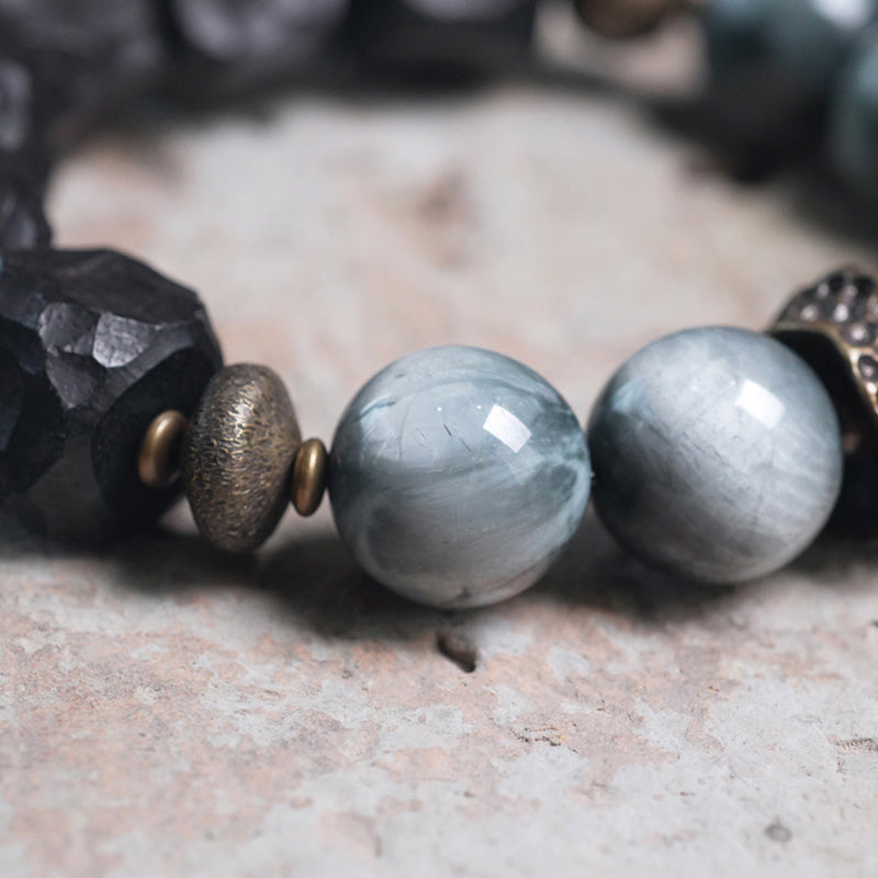 Wear FengShui Eagle's Eye Stone Ebony Wood Copper Confidence Couple Bracelet