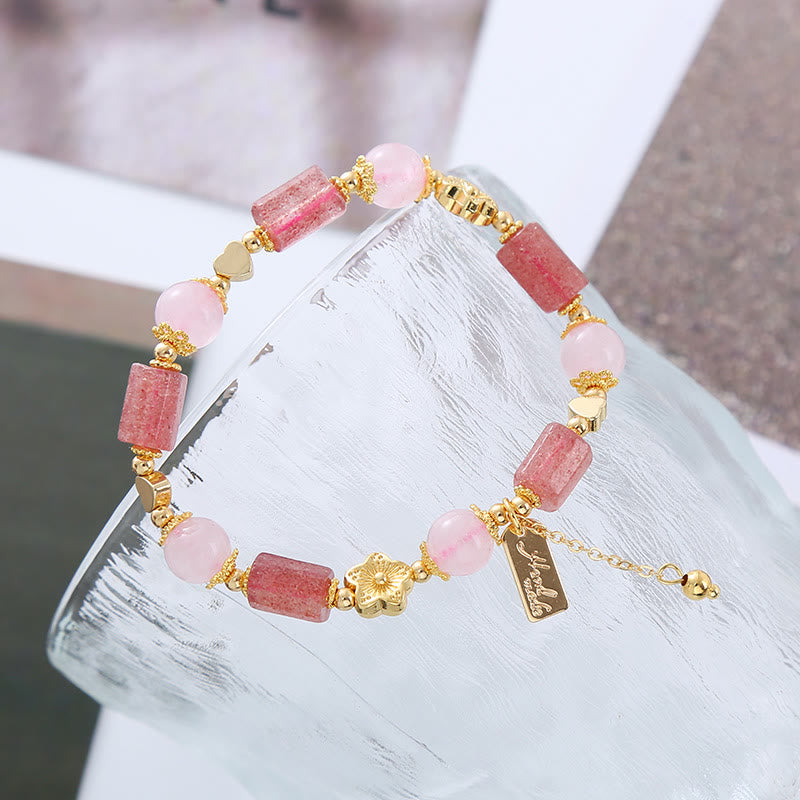 Wear FengShui Strawberry Quartz Pink Crystal Love Heart Flower Positive Bracelet