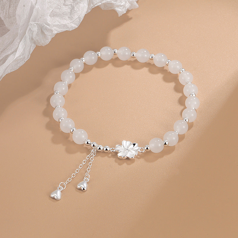 Wear FengShui White Jade Peach Blossom Petals Flower Luck Bracelet