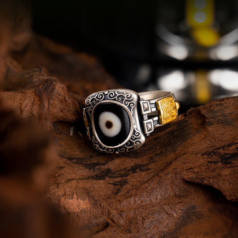 Wear FengShui 925 Sterling Silver Zakiram Goddess of Wealth Design Dzi Bead Protection Ring