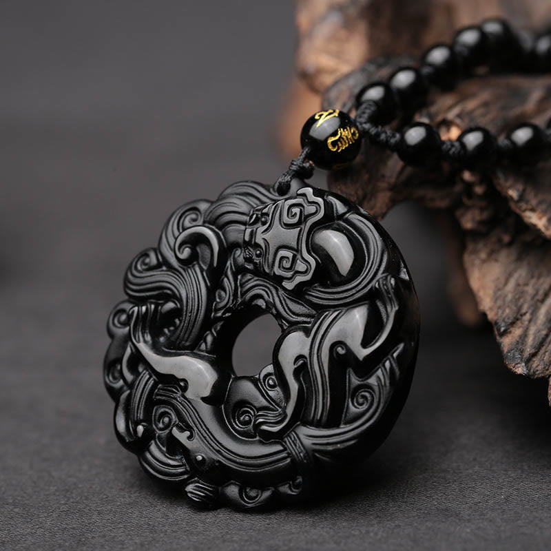 Wear FengShui Natural Black Obsidian Peace Buckle Pixiu Purification Necklace Pendant
