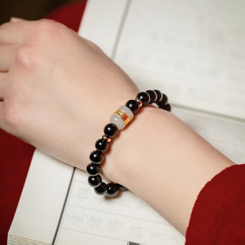 Wear FengShui Black Obsidian Jade Om Mani Padme Hum Strength Couple Magnetic Bracelet