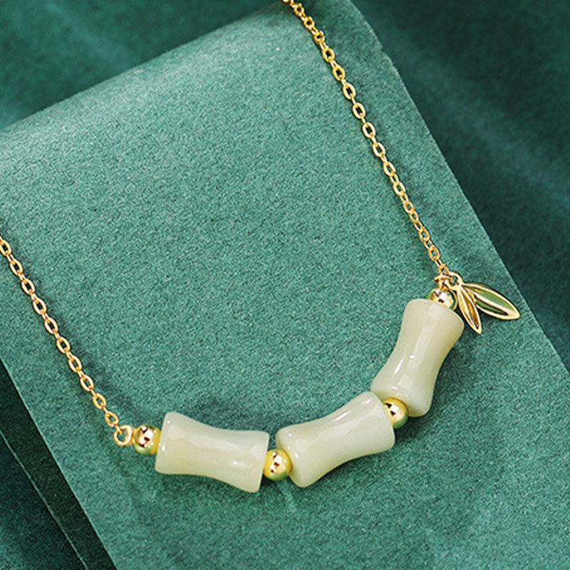 Wear FengShui 925 Sterling Silver Hetian Jade Bamboo Fu Character Prosperity Necklace Pendant Bracelet