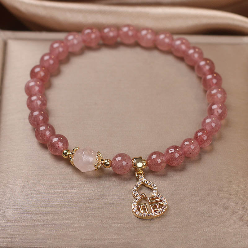 Wear FengShui Strawberry Quartz Gourd Fu Character Charm Positive Bracelet