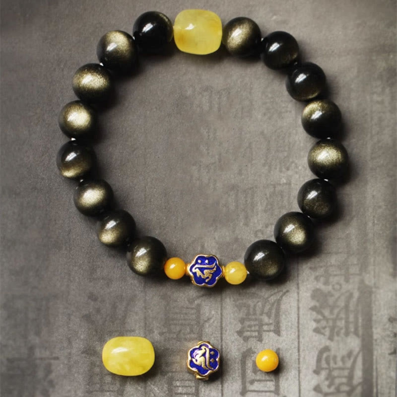 Wear FengShui 925 Sterling Silver Chinese Zodiac Natal Buddha Natural Gold Sheen Obsidian Amber Wealth Protection Bracelet