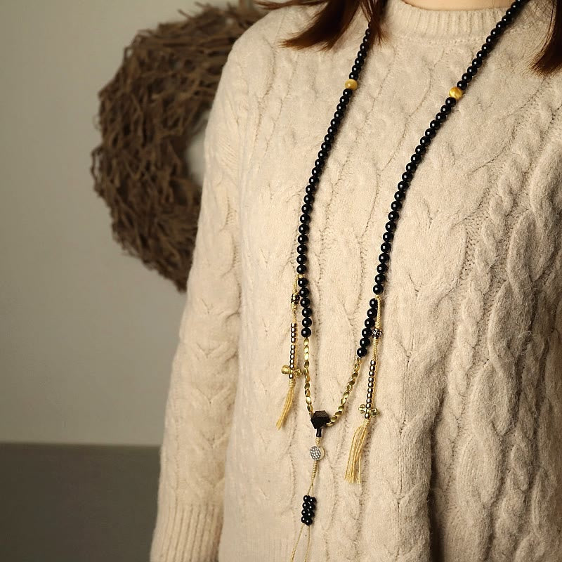 Wear FengShui Tibetan 108 Mala Beads Black Onyx Three-eyed Dzi Beads Protection Bracelet