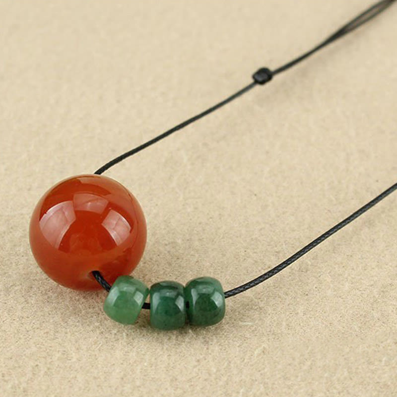 Wear FengShui Red Agate Green Aventurine Green Bodhi Seed Bead Calm Leather Rope Necklace Pendant