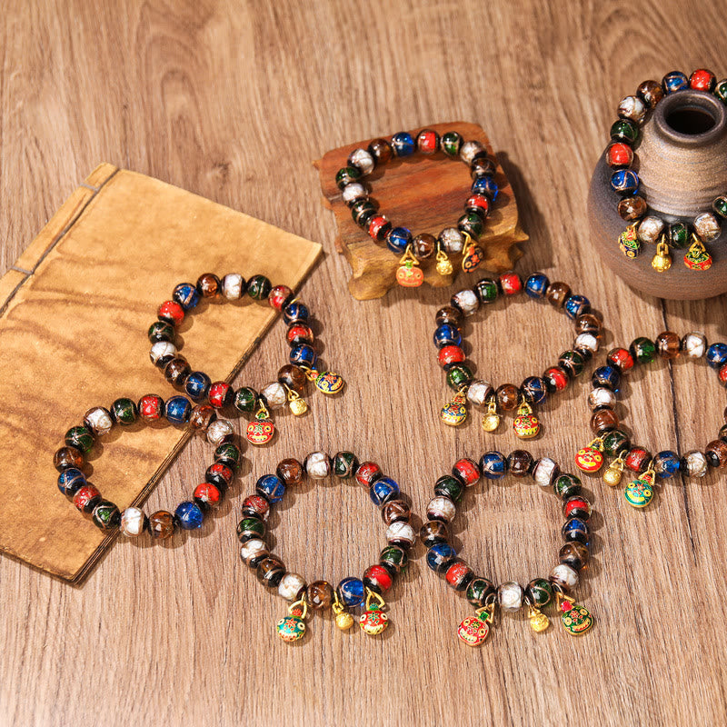 Wear FengShui Five Elements Gold Swallowing Beast Family Charm Liuli Glass Bead Luck Bracelet