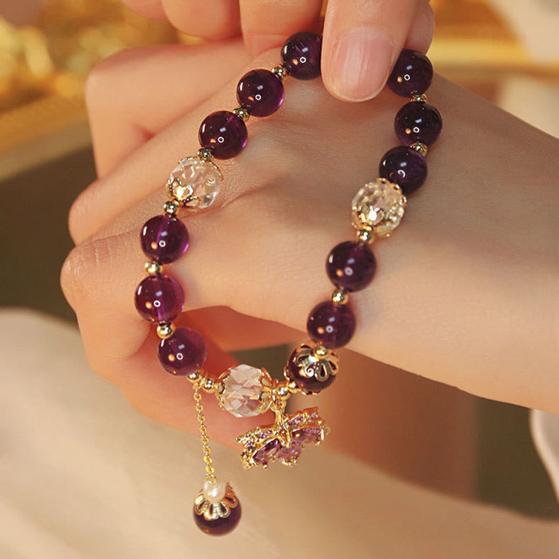 Wear FengShui 14k Gold Plated Natural Amethyst Healing Maple Leaf Charm Bracelet