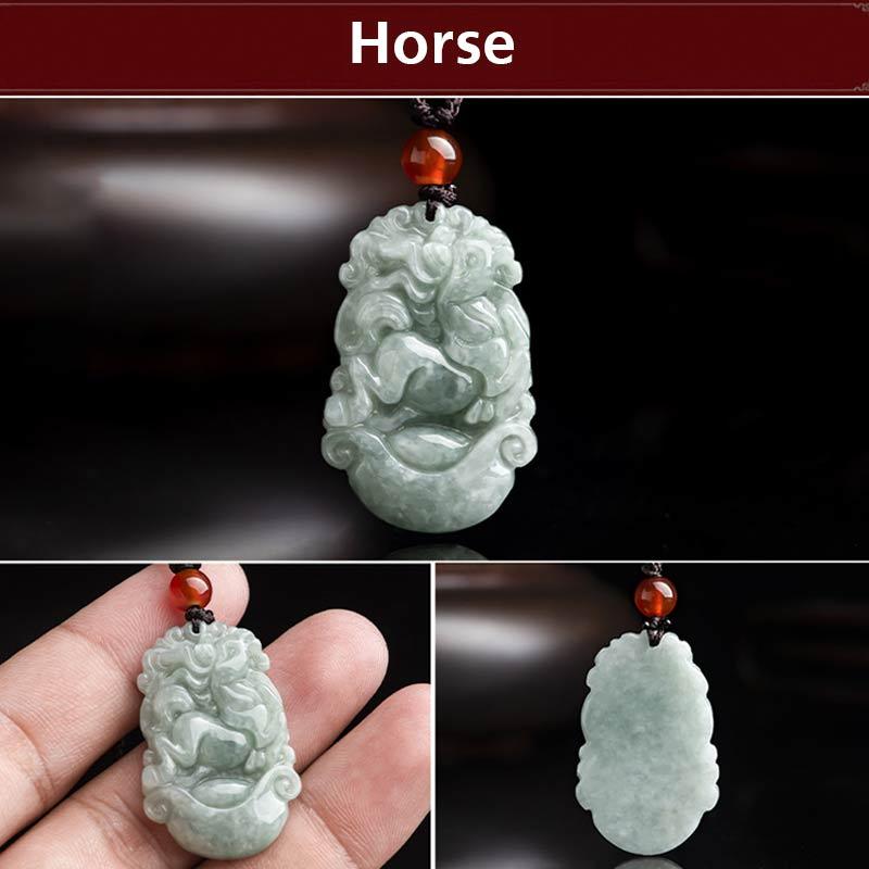 Wear FengShui Natural Jade 12 Chinese Zodiac Sucess Pendant Necklace