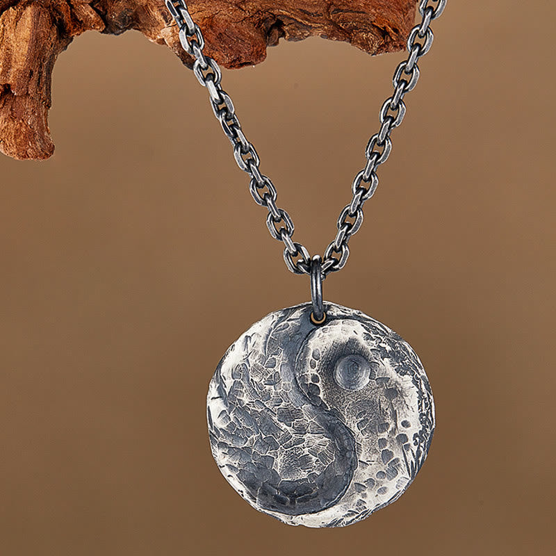 Wear FengShui 990 Sterling Silver Yin Yang Hammer Texture Harmony Necklace Pendant