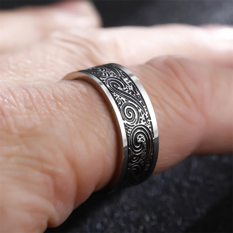 Wear FengShui Vintage Wave Auspicious Clouds Engraved Pattern Titanium Steel Balance Ring