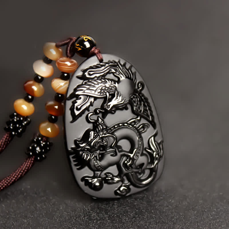 Wear FengShui Black Obsidian Tiger Eye Dragon Phoenix Protection Beaded Necklace Pendant