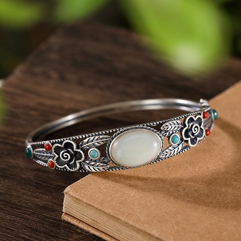 Wear FengShui Cyan Jade White Jade Flower Leaf Harmony Luck Bracelet Bangle