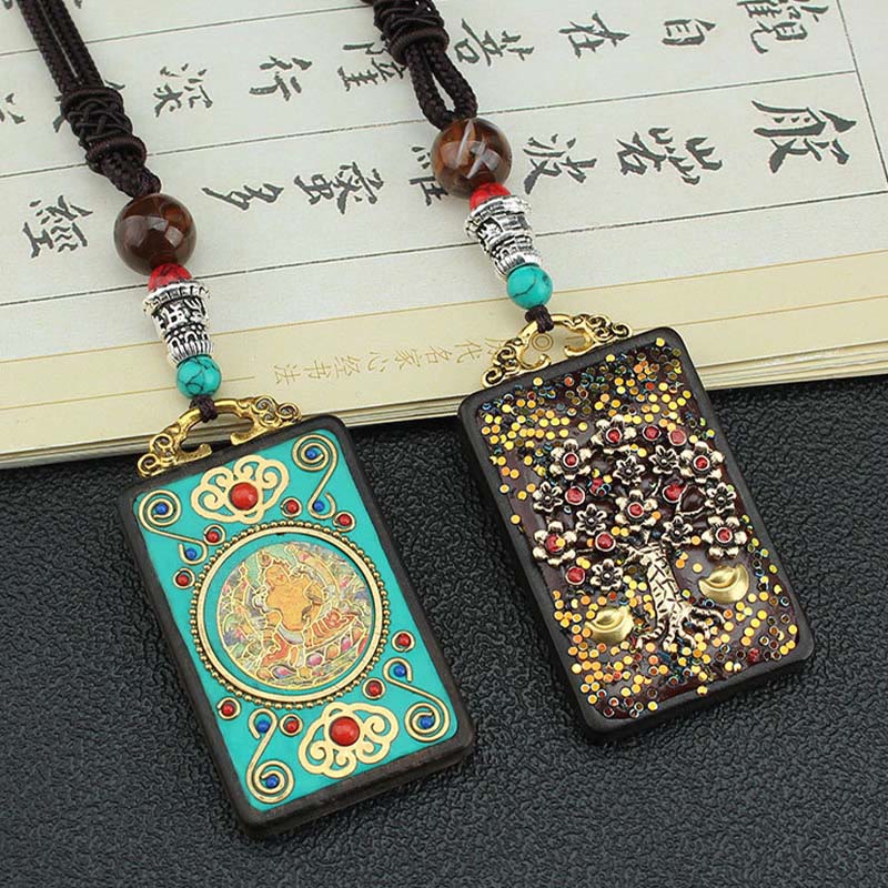 Wear FengShui Tibet God Of Wealth Money Tree Golden Phoenix Thangka Ebony Peace Necklace Pendant
