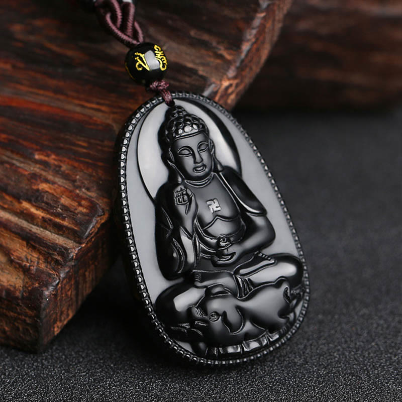 Wear FengShui Chinese Zodiac Natal Buddha Natural Black Obsidian Purification Necklace Pendant