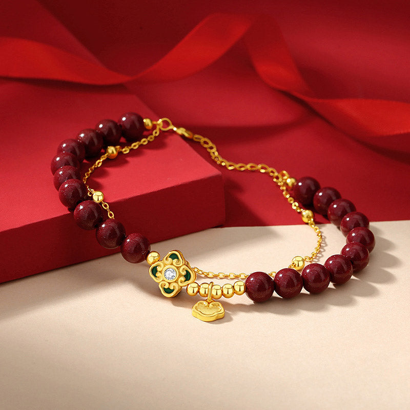Wear FengShui 925 Sterling Silver Natural Cinnabar Four Leaf Clover Flower Blessing Chain Bracelet