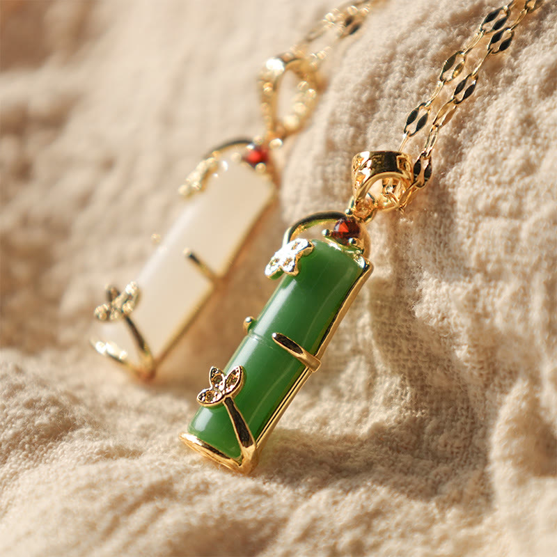 Wear FengShui White Jade Cyan Jade Bamboo Luck Protection Necklace Pendant