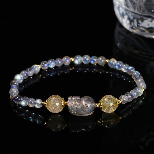 Wear FengShui Moonstone Strawberry Quartz Tourmaline PiXiu Healing Bracelet