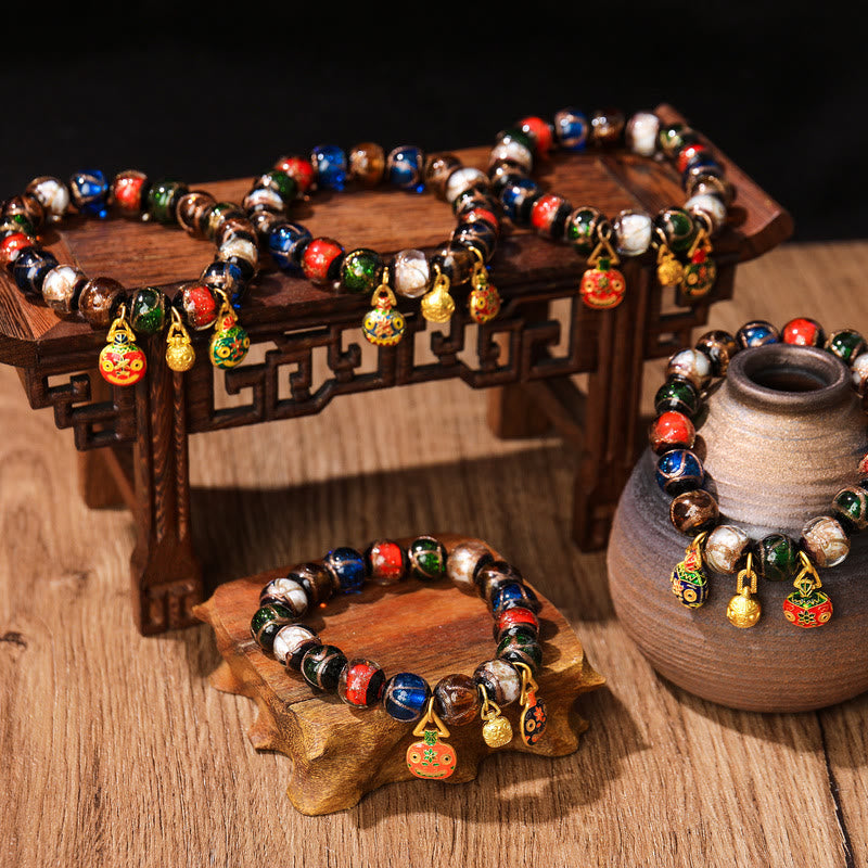 Wear FengShui Five Elements Gold Swallowing Beast Family Charm Liuli Glass Bead Luck Bracelet