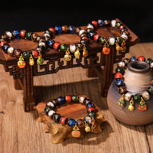 Wear FengShui Five Elements Gold Swallowing Beast Family Charm Liuli Glass Bead Luck Bracelet