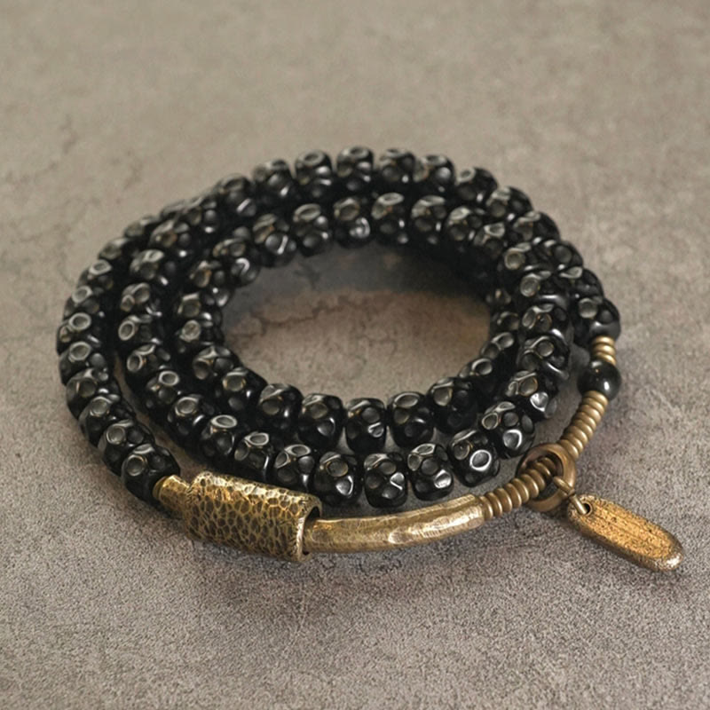Wear FengShui Retro Coconut Shell Brass Copper Happiness Triple Wrap Bracelet